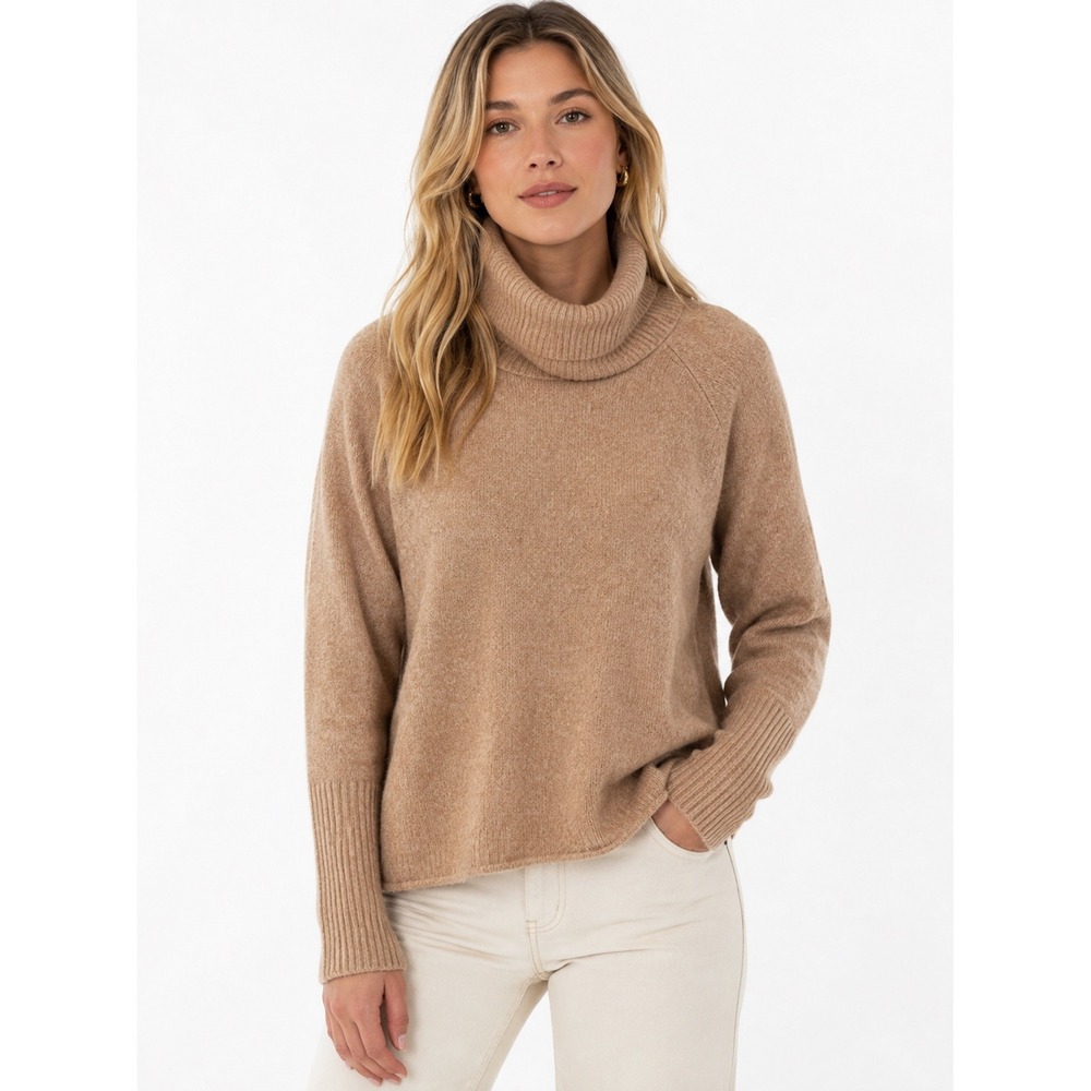 J.McLaughlin 100% Cashmere Cowl Neck Sweater Camel Tan Raglan Long Sleeve XS